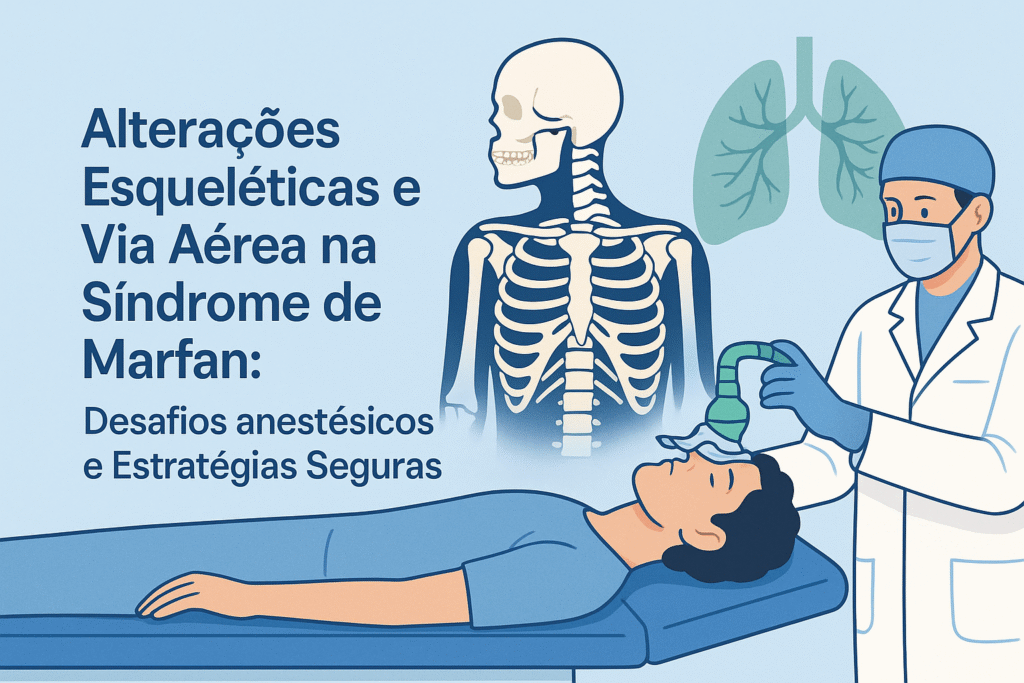 Médico anestesiologista posicionando máscara em paciente com destaque para esqueleto e pulmões em fundo azul.