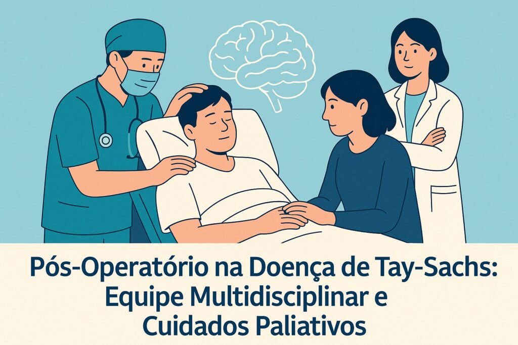 Paciente em leito recebe cuidados de equipe médica e apoio familiar em contexto de Tay-Sachs.