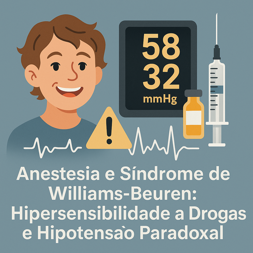 Ilustração médica mostra paciente com Síndrome de Williams-Beuren, pressão arterial baixa em monitor, seringa e alerta de risco anestésico.