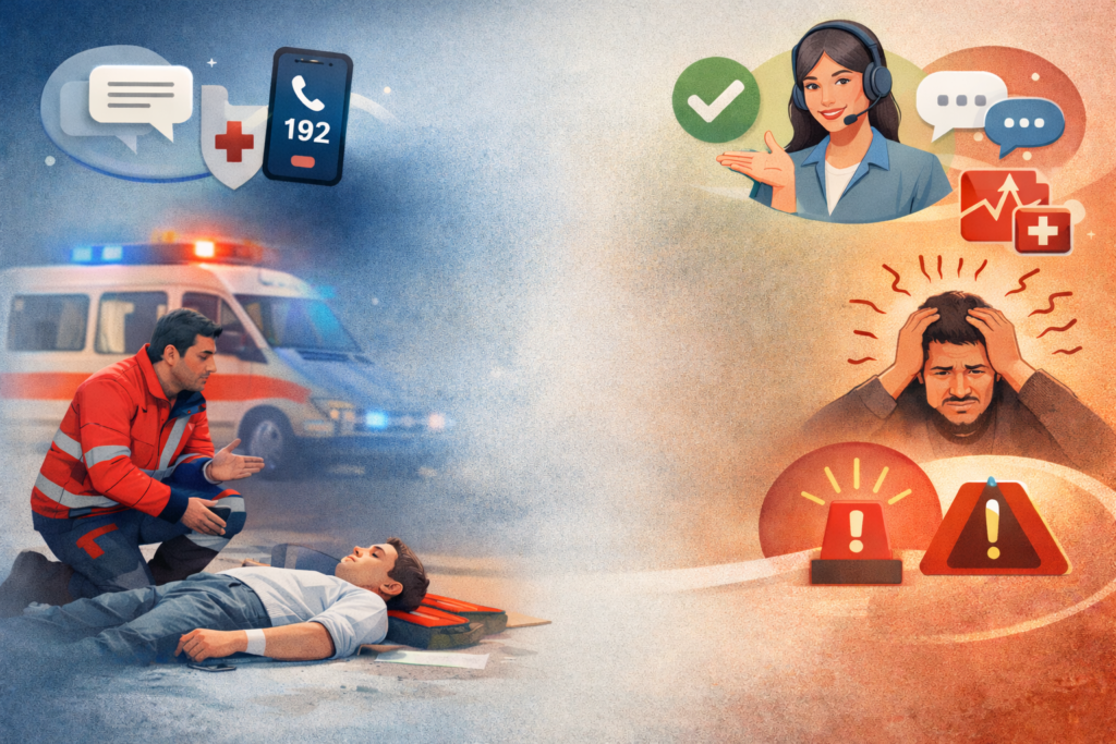 Ilustração mostrando paramédico prestando socorro com calma, enquanto uma mulher orienta um homem em pânico, representando a importância da comunicação eficaz em situações de emergência.