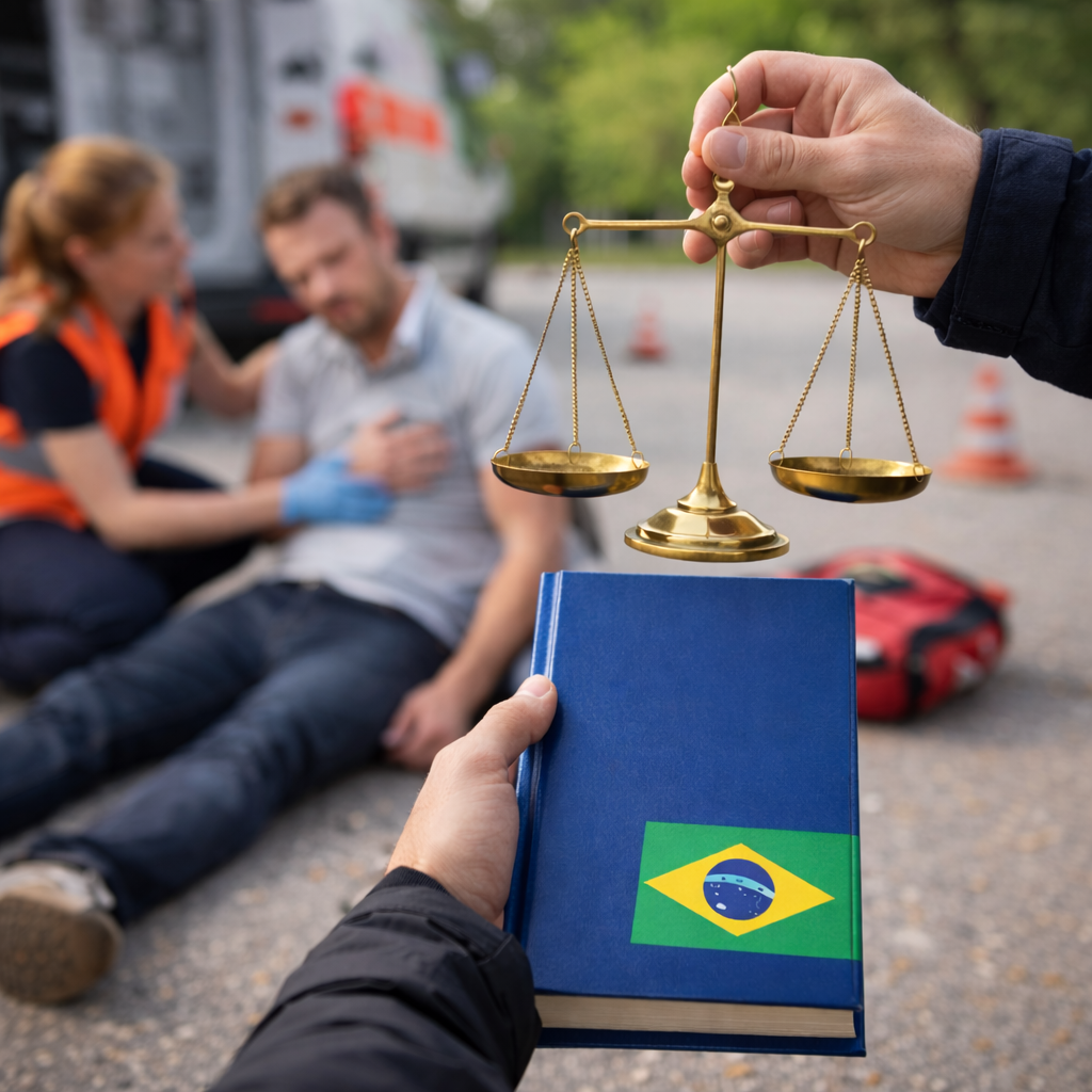 Balança da justiça e Constituição brasileira em primeiro plano, com equipe de resgate prestando atendimento a uma pessoa caída em via pública ao fundo, representando aspectos legais do atendimento de emergência.