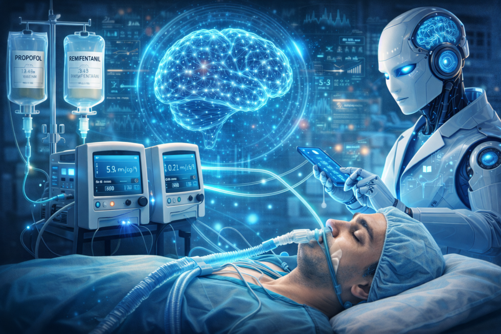 Paciente adulto em ambiente hospitalar no pós-operatório recebendo fentanil por infusão intravenosa, representando riscos invisíveis associados ao uso de opioides.