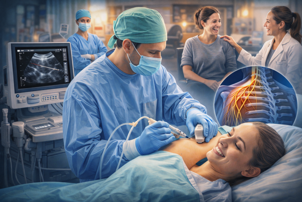 Paciente adulto em ambiente hospitalar no pós-operatório recebendo fentanil por infusão intravenosa, com representação conceitual dos riscos invisíveis associados ao uso de opioides.