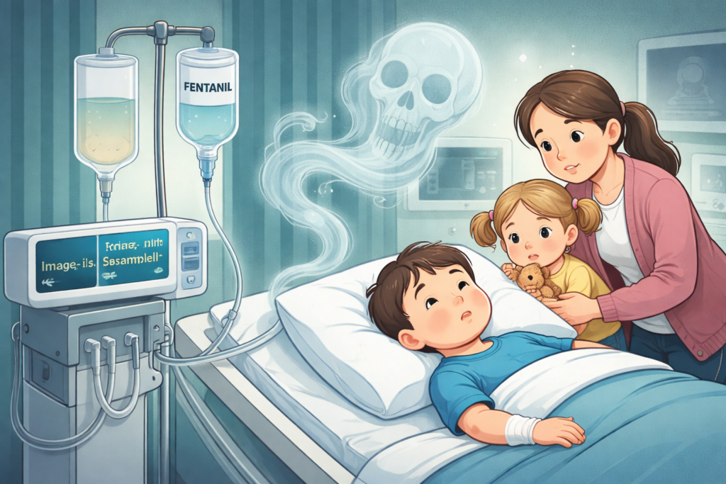 Ilustração médica de paciente pediátrico em pós-operatório recebendo fentanil por infusão intravenosa, acompanhado por familiar, com representação simbólica de risco invisível no ambiente hospitalar.