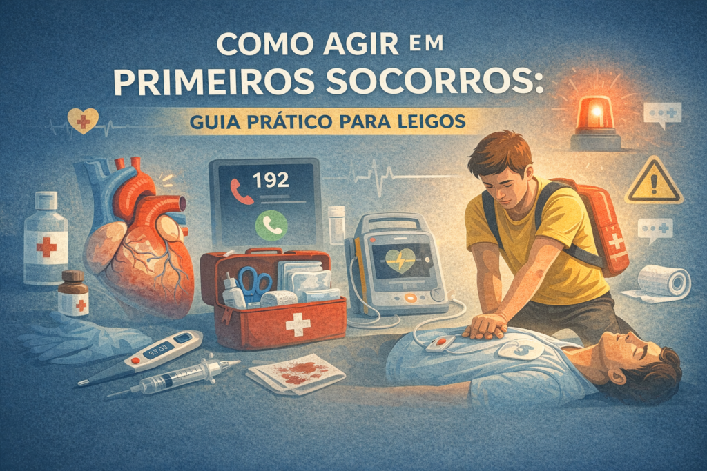 Ilustração mostra atendimento de primeiros socorros com compressões torácicas, desfibrilador externo automático e kit de emergência.