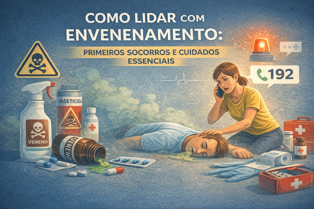 Ilustração educativa mostra atendimento de primeiros socorros em caso de envenenamento, com vítima inconsciente e acionamento do serviço de emergência.