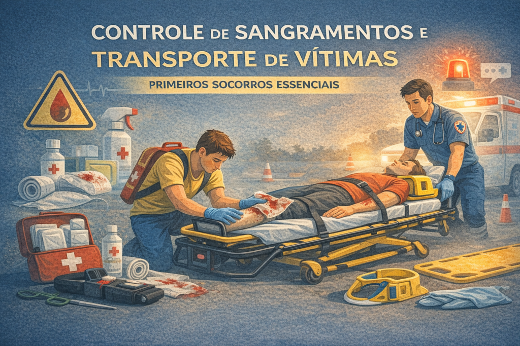 Ilustração educativa mostra controle de sangramento e transporte seguro de vítima em atendimento de primeiros socorros.