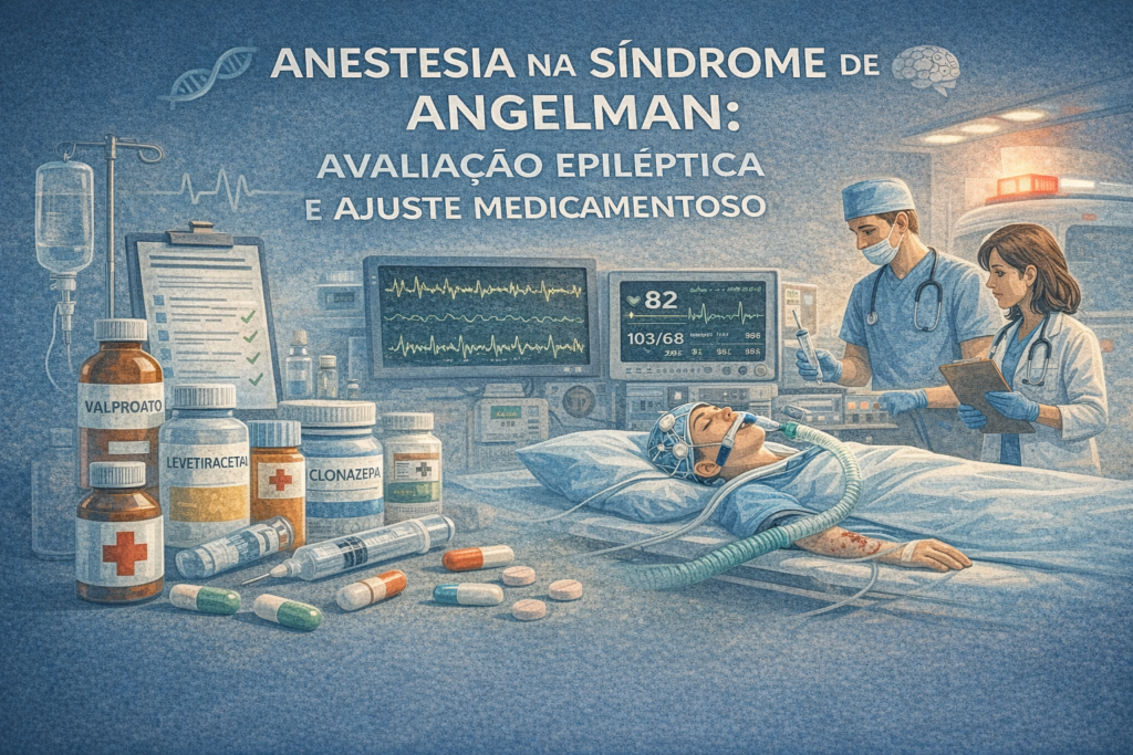 Ilustração médica representando o controle de epilepsia e o manejo anestésico em pacientes com síndrome de Angelman