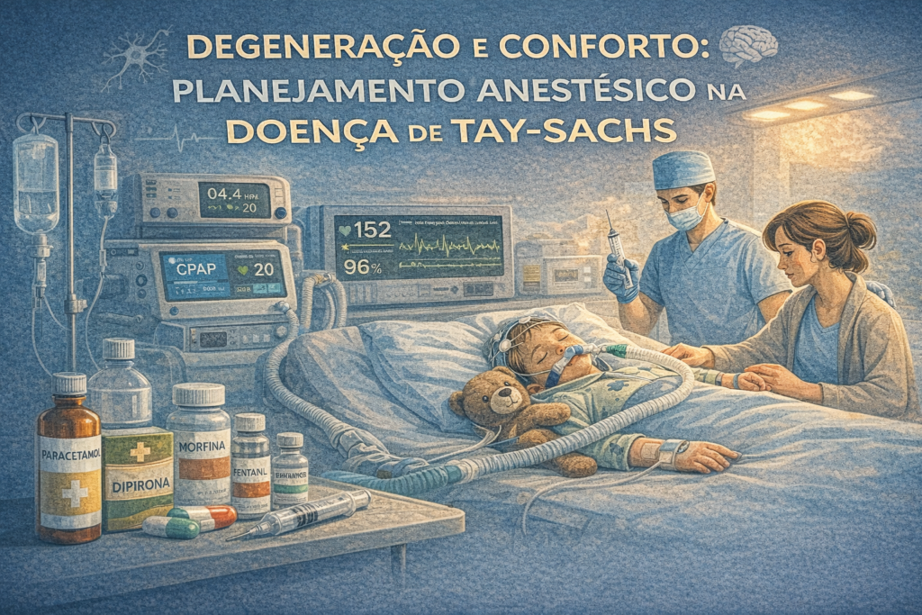 Ilustração médica representando planejamento anestésico paliativo em paciente com Doença de Tay-Sachs, com foco em conforto, suporte respiratório e cuidado humanizado.