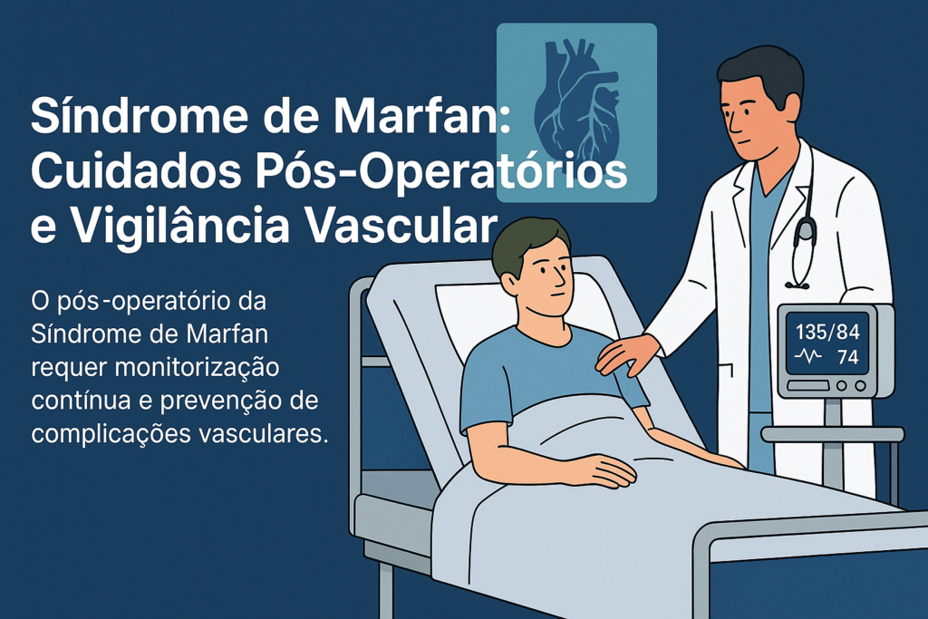 Ilustração médica de profissional de saúde acompanhando paciente hospitalizado no pós-operatório, com monitorização de pressão arterial, representando cuidados e vigilância vascular na síndrome de Marfan.