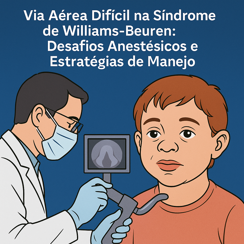 Ilustração médica de anestesista avaliando via aérea de paciente pediátrico com síndrome de Williams-Beuren, utilizando dispositivo de visualização para manejo anestésico.