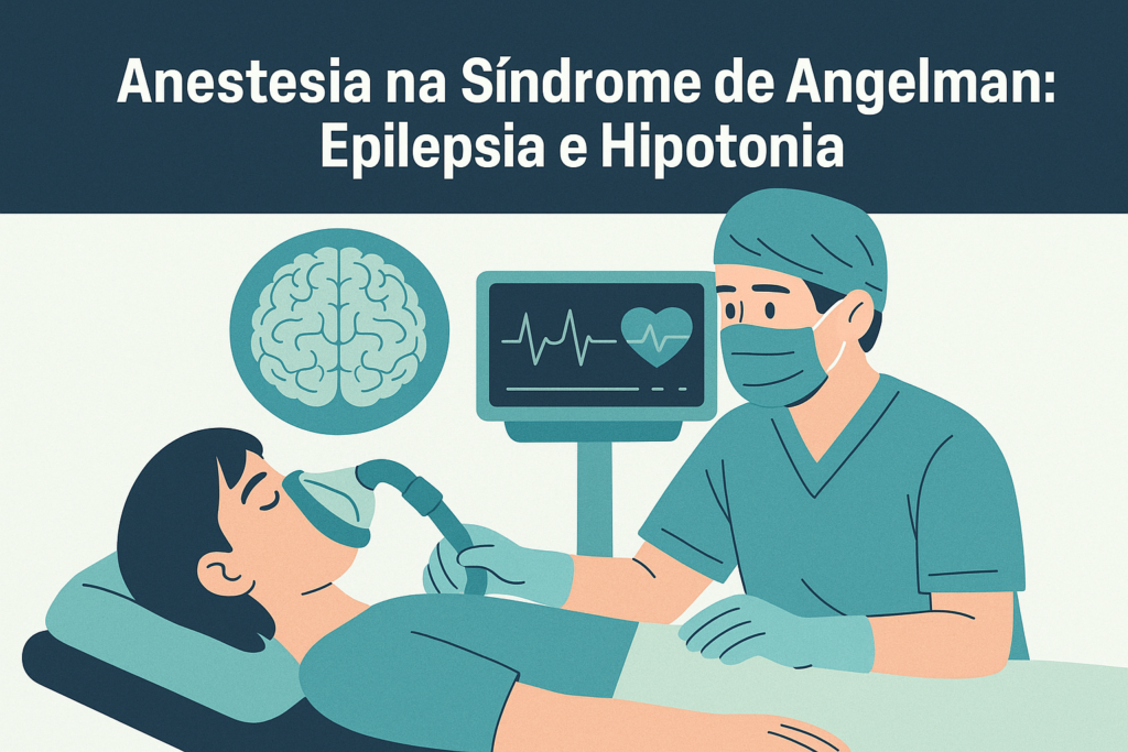 Ilustração médica de anestesista monitorando paciente pediátrico sob anestesia, com referência visual ao cérebro e monitor cardíaco, representando anestesia na síndrome de Angelman com epilepsia e hipotonia.
