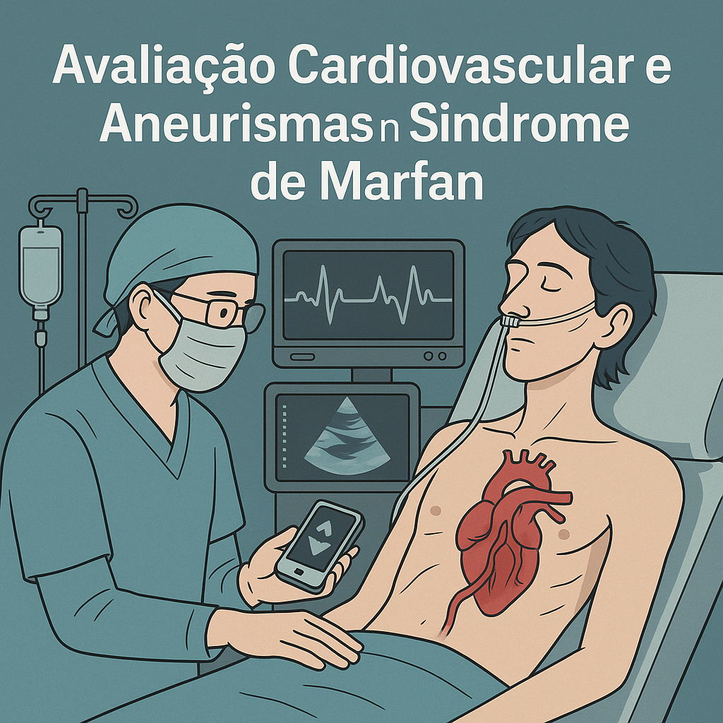 Ilustração médica mostra paciente com síndrome de Marfan em avaliação cardiovascular com foco em aneurismas e ecocardiografia.