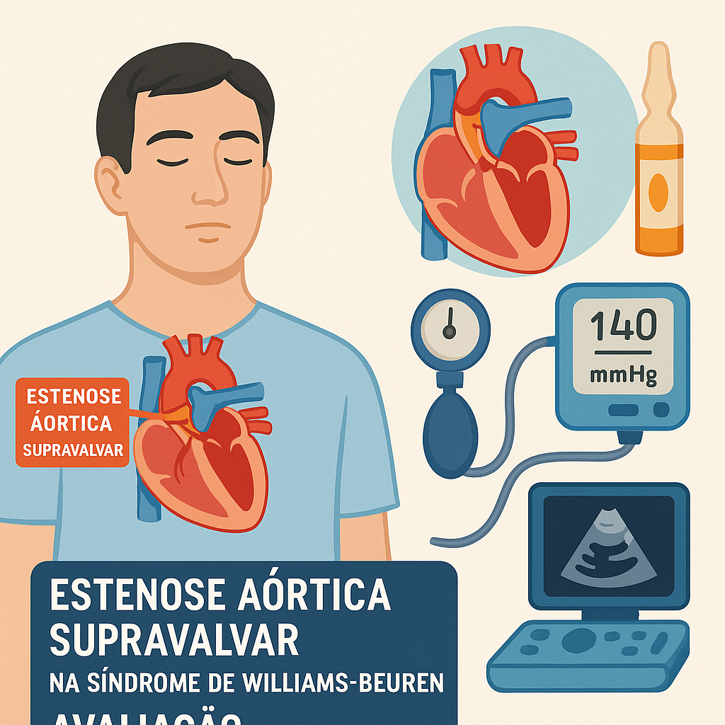 Ilustração médica mostra paciente com destaque para coração e estenose aórtica supravalvar, acompanhado de monitor de pressão arterial e ecocardiografia.
