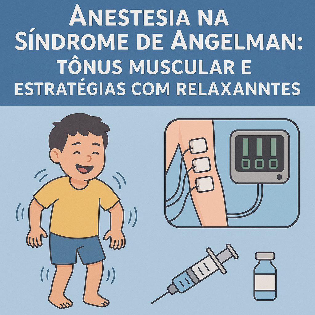 Ilustração médica mostra criança com síndrome de Angelman e monitorização neuromuscular associada a seringa e frasco de medicamento.