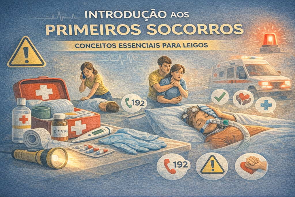 Ilustração educativa sobre primeiros socorros mostrando kit de emergência, atendimento inicial e acionamento do socorro médico
