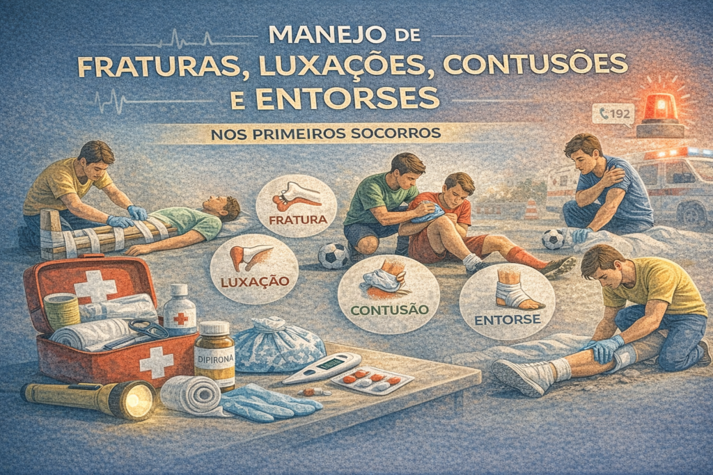 Ilustração médica mostrando primeiros socorros em fraturas, luxações, contusões e entorses, com imobilização e cuidados iniciais