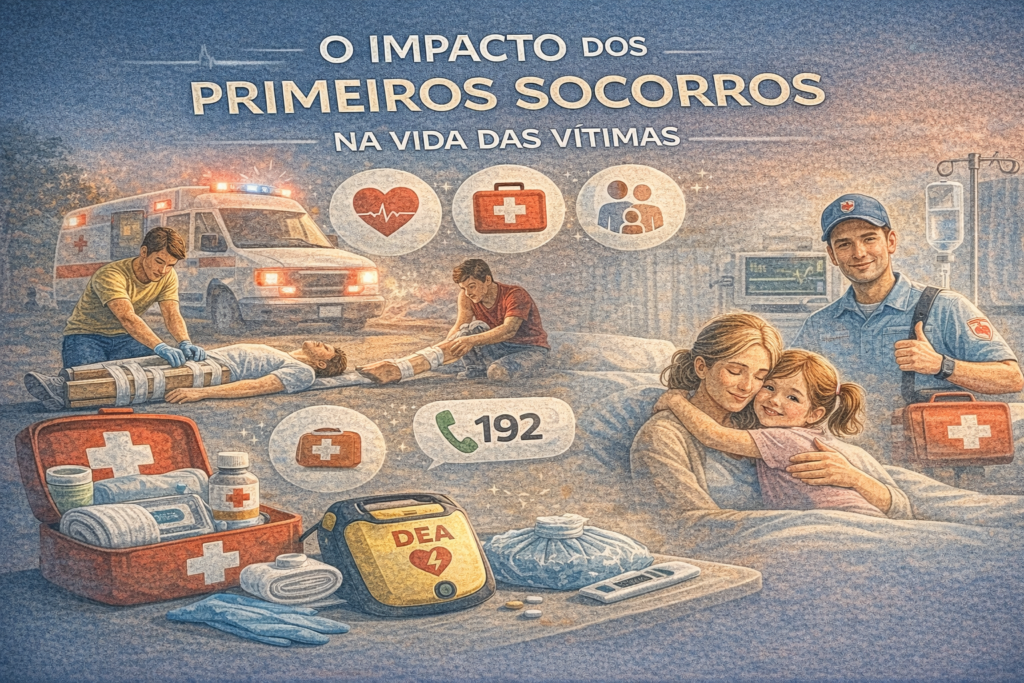 Ilustração educativa mostrando atendimento de primeiros socorros, com reanimação, controle de emergências e recuperação da vítima no hospital