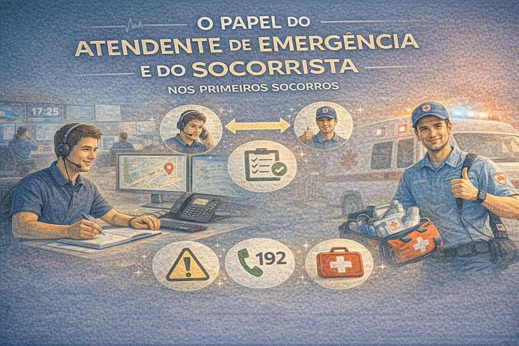 Ilustração educativa mostra atendente de emergência orientando por telefone e socorrista prestando primeiros socorros no local