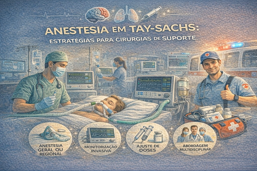 Anestesiologista monitorando paciente com Doença de Tay-Sachs durante cirurgia de suporte, com foco em ventilação, sedação segura e monitorização intensiva.