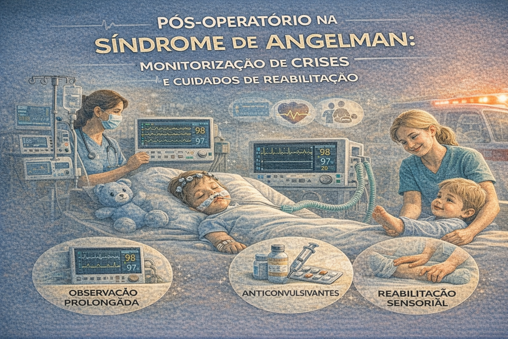 Criança com síndrome de Angelman em pós-operatório sob monitorização clínica e cuidados de reabilitação interdisciplinar.