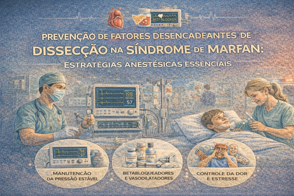 Ilustração médica representando monitorização anestésica e controle hemodinâmico em paciente com Síndrome de Marfan para prevenção de dissecção aórtica.