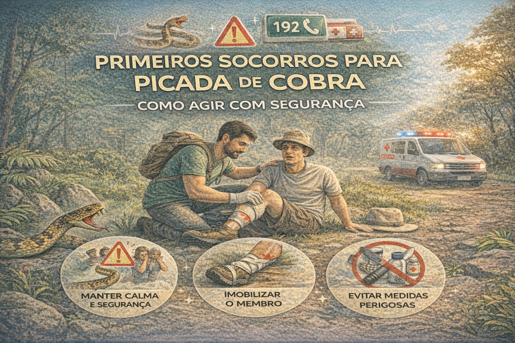 Ilustração de primeiros socorros em vítima de picada de cobra com imobilização do membro e acionamento de emergência