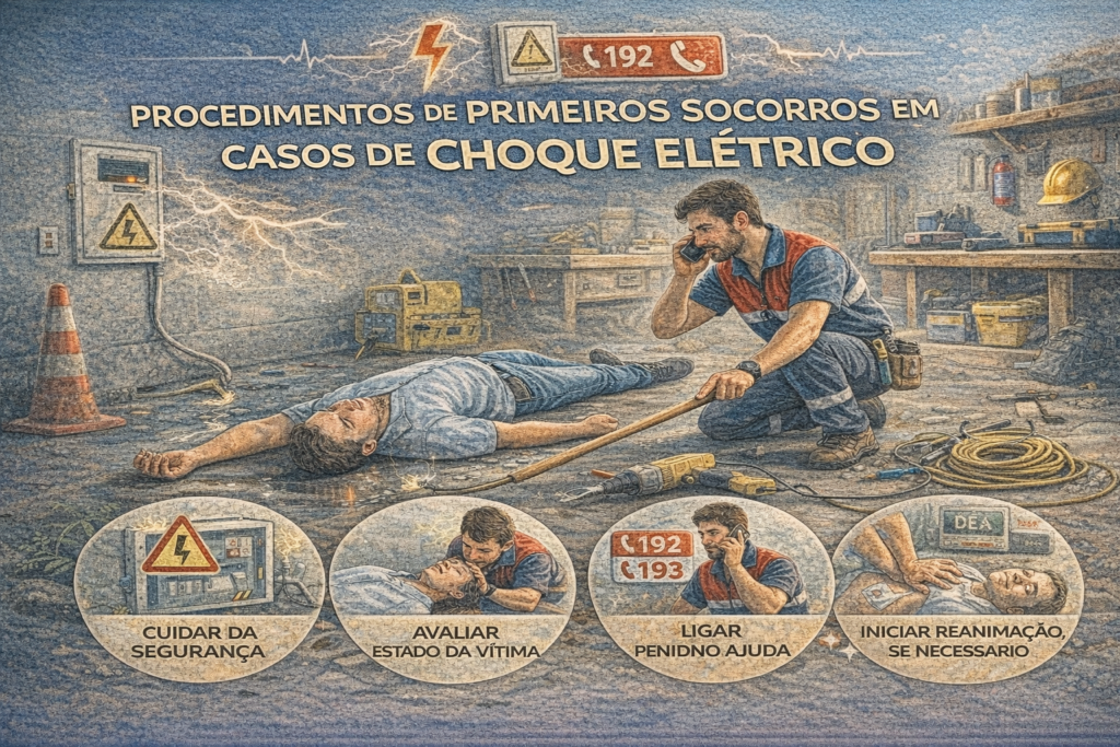 Ilustração educativa mostra atendimento de primeiros socorros após choque elétrico, com socorrista garantindo segurança e acionando ajuda