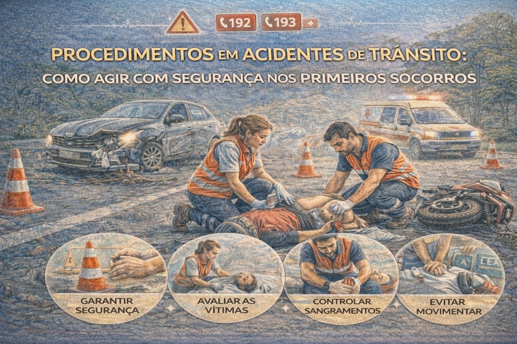 Ilustração educativa mostra atendimento de primeiros socorros em acidente de trânsito, com socorristas sinalizando a via e auxiliando vítimas com segurança