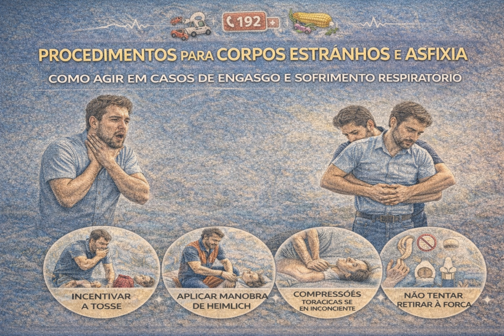 Ilustração didática mostrando primeiros socorros para engasgo e asfixia em adulto, incluindo incentivo à tosse, manobra de Heimlich e compressões torácicas.