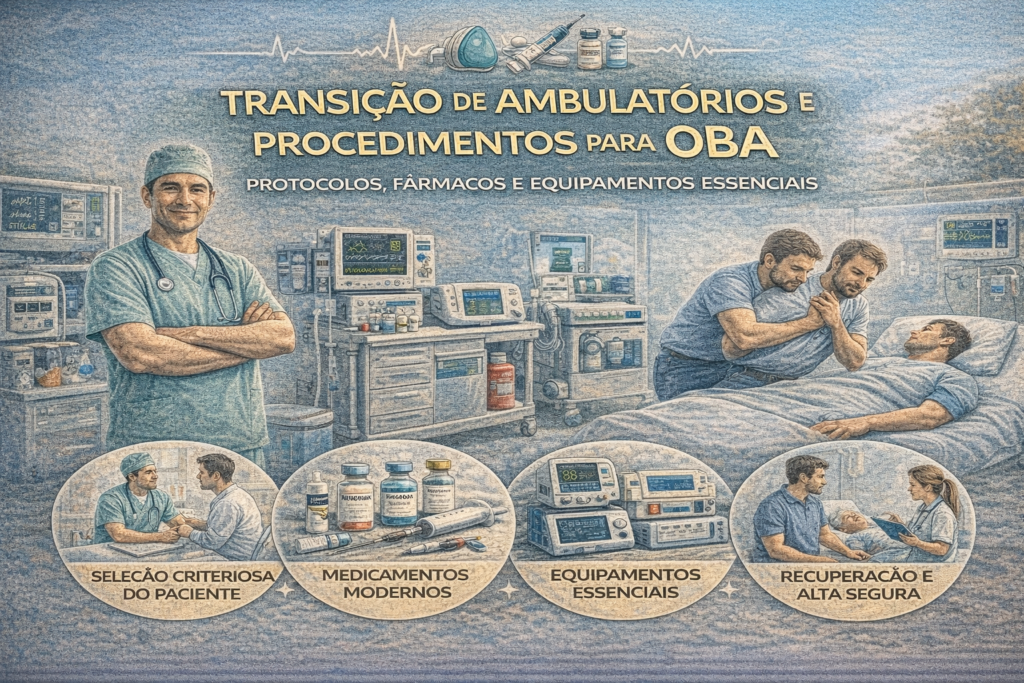 Ilustração médica sobre anestesia em consultório (Office-Based Anesthesia), destacando protocolos de segurança, medicamentos modernos e equipamentos essenciais.