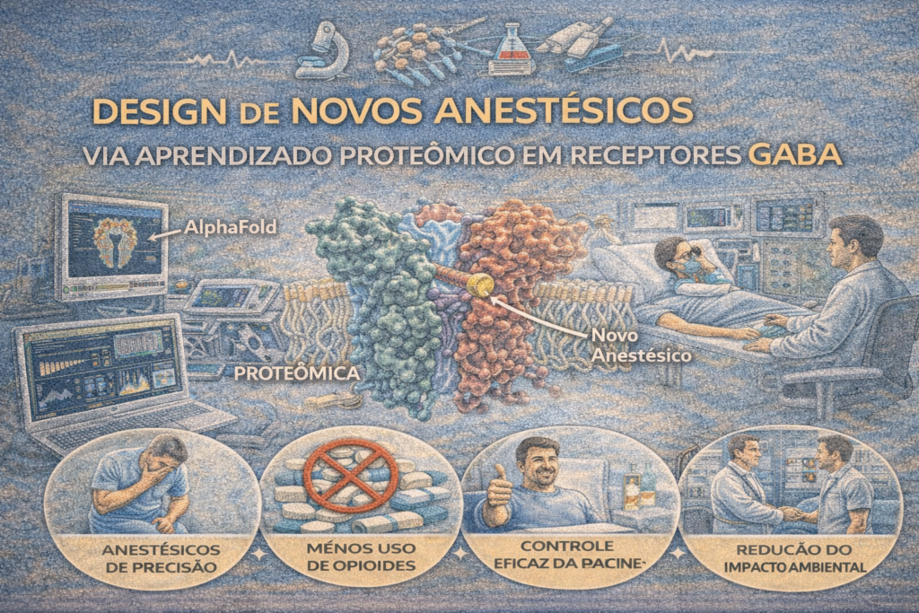 Ilustração científica mostrando o design de novos anestésicos por aprendizado proteômico em receptores GABA, com uso de inteligência artificial e modelagem molecular