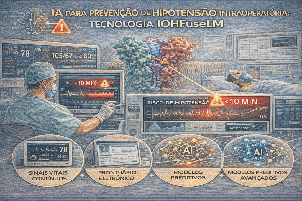 Ilustração médica mostrando sistema de inteligência artificial prevendo hipotensão intraoperatória em tempo real durante anestesia, com monitorização hemodinâmica avançada.