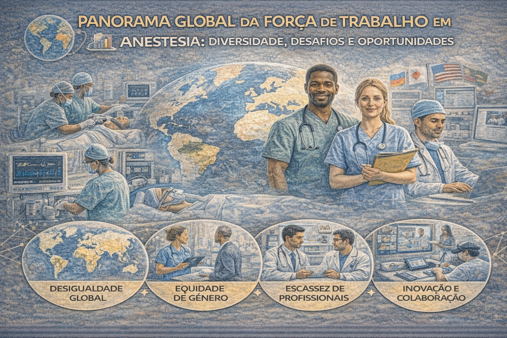 Ilustração representando a força de trabalho global em anestesiologia, com diversidade de profissionais, desafios regionais, escassez de anestesistas e colaboração internacional.