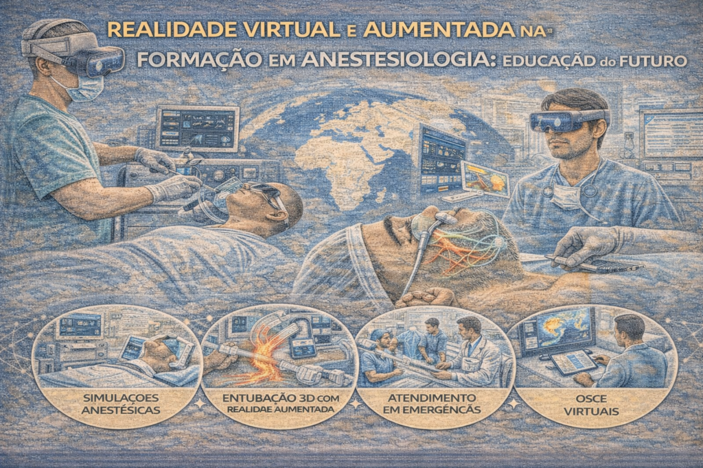 Ilustração educacional mostrando o uso de realidade virtual e realidade aumentada no treinamento em anestesiologia, com simulações clínicas e ensino imersivo
