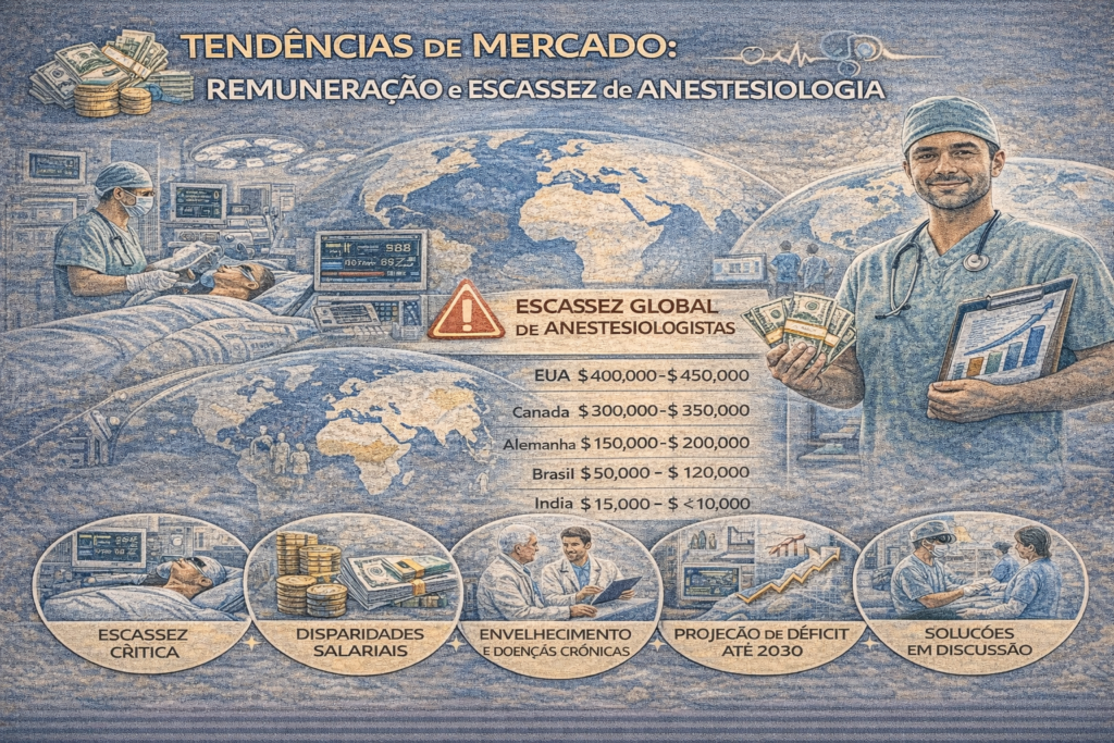 Infográfico sobre remuneração e escassez global de anestesiologistas, destacando desigualdades regionais e projeções de déficit até 2030.