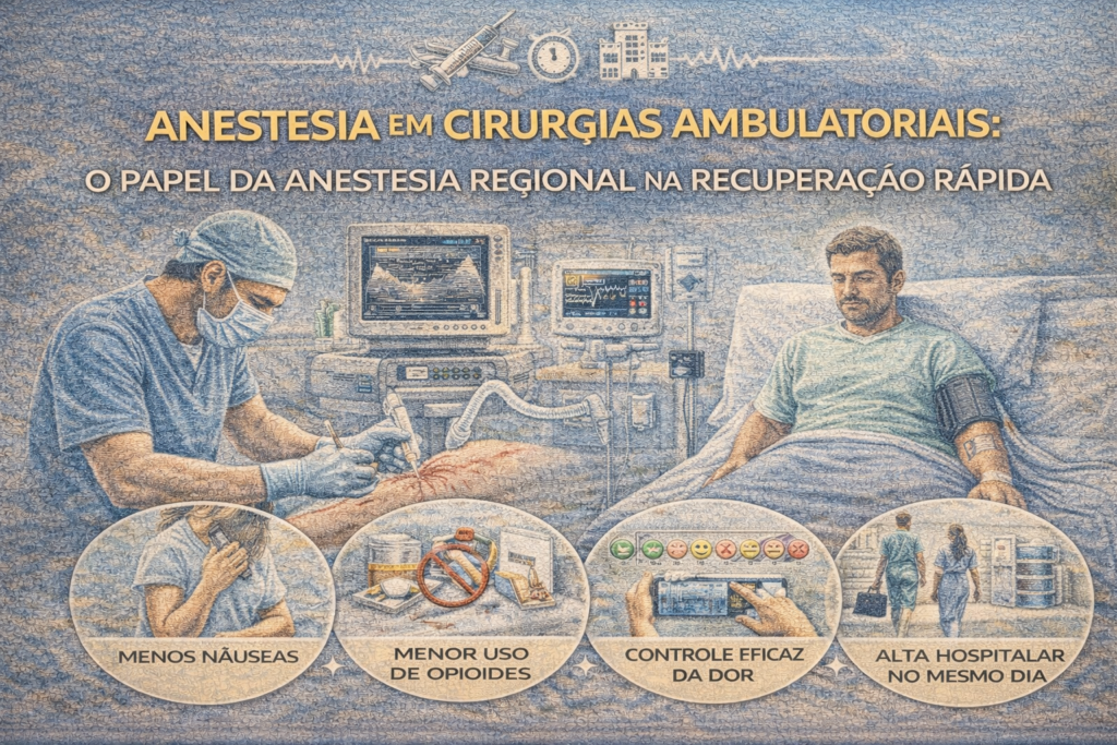 Ilustração médica mostrando anestesia regional em cirurgia ambulatorial, com bloqueio nervoso guiado por ultrassom e recuperação rápida do paciente.