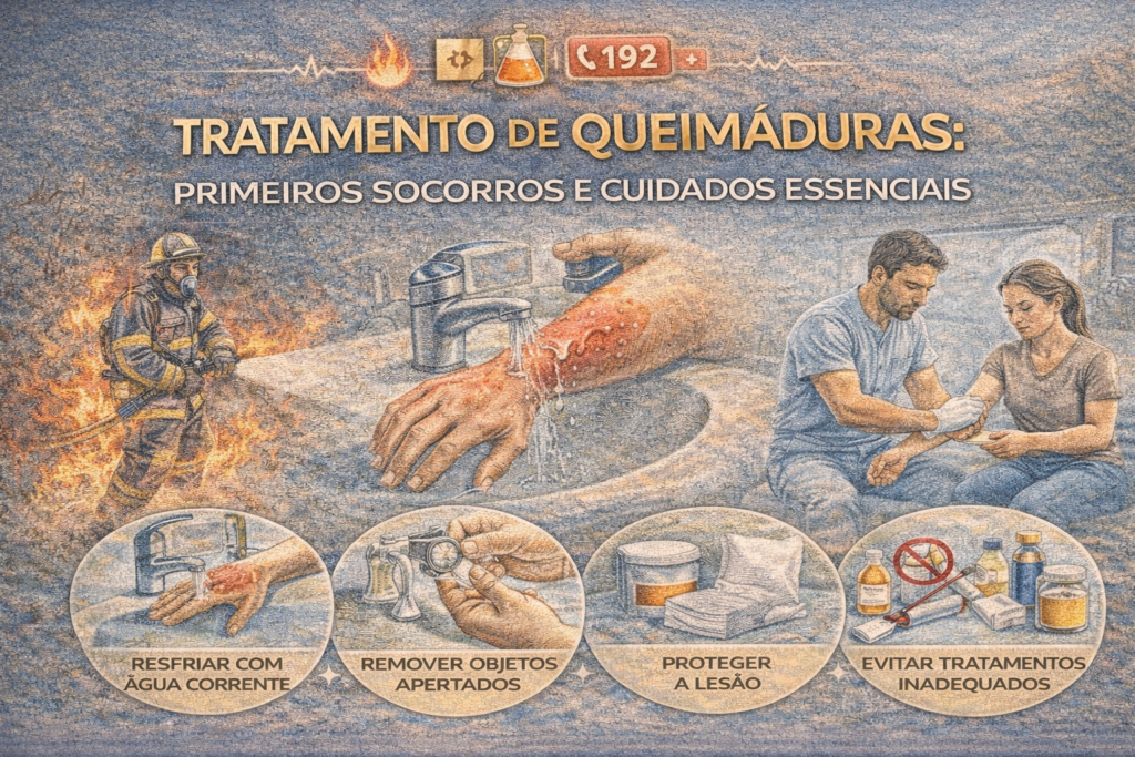 Ilustração educativa mostrando primeiros socorros em queimaduras, incluindo resfriamento com água corrente, proteção da lesão e cuidados iniciais.