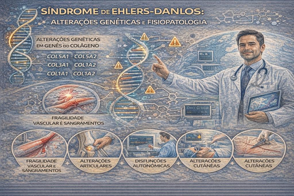 Ilustração médica da Síndrome de Ehlers-Danlos mostrando alterações genéticas do colágeno e suas repercussões vasculares, articulares e cutâneas.
