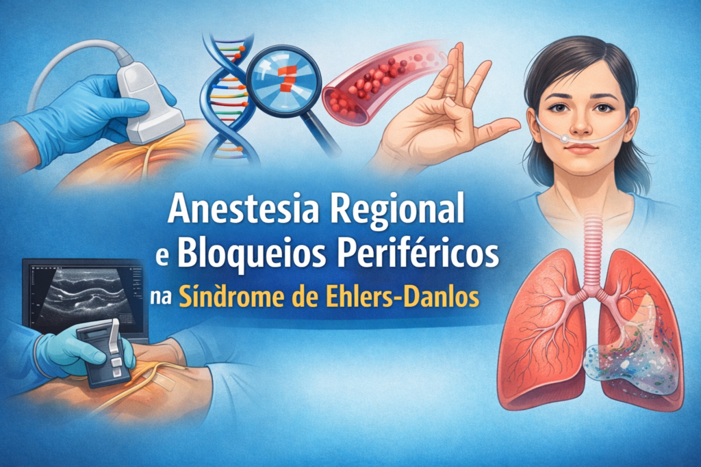 Ilustração médica mostrando bloqueio periférico guiado por ultrassom, hélice de DNA e representação de fragilidade tecidual relacionada à Síndrome de Ehlers-Danlos.