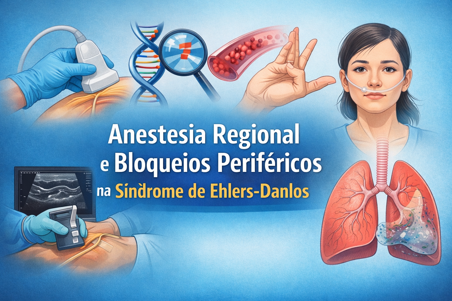 Ilustração médica mostrando bloqueio periférico guiado por ultrassom, hélice de DNA e representação de fragilidade tecidual relacionada à Síndrome de Ehlers-Danlos.