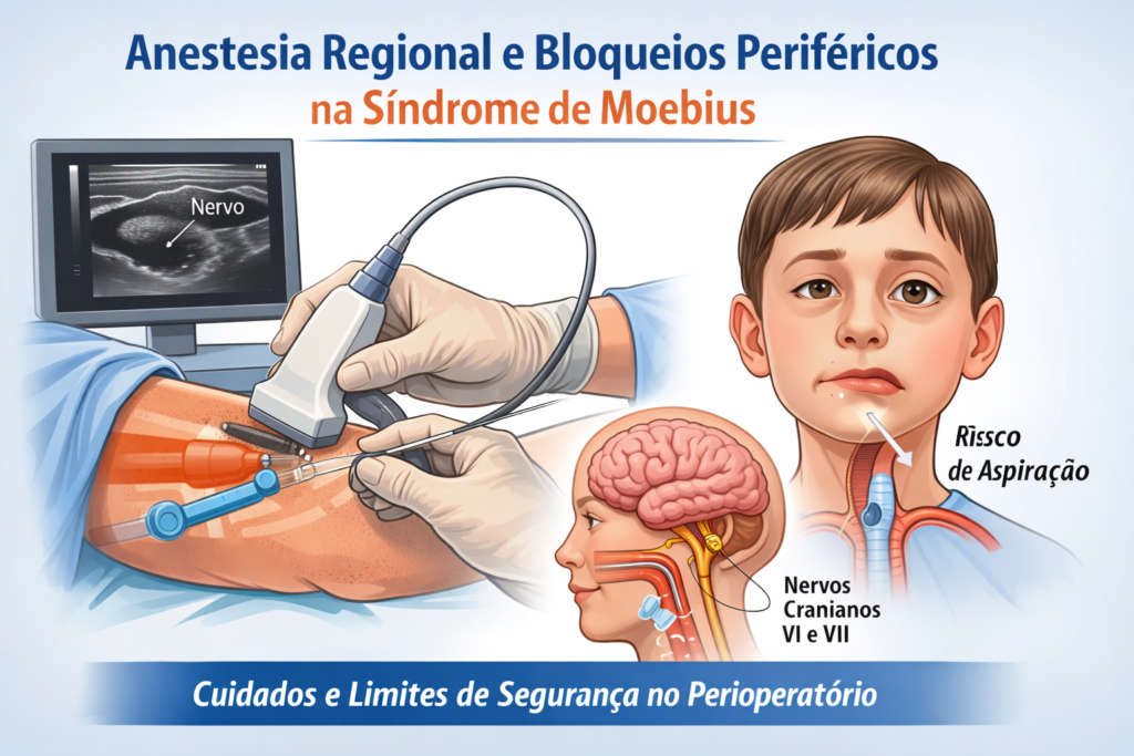 Ilustração médica sobre anestesia regional e bloqueios periféricos na Síndrome de Moebius, destacando segurança e manejo perioperatório.