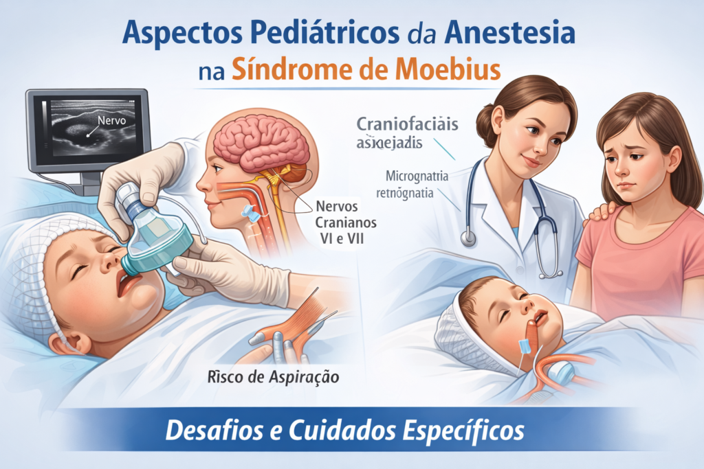 Ilustração médica sobre anestesia pediátrica na Síndrome de Moebius mostrando criança em ambiente cirúrgico, destaque para nervos cranianos VI e VII, risco de aspiração e alterações craniofaciais.