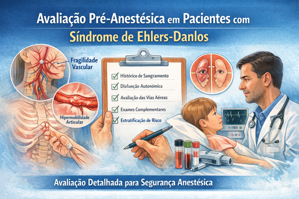 Ilustração médica 16:9 sobre avaliação pré-anestésica em pacientes com Síndrome de Ehlers-Danlos, destacando fragilidade vascular, hipermobilidade articular e checklist de riscos anestésicos.