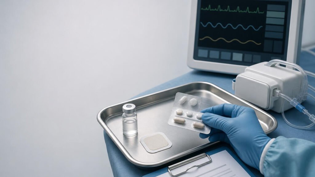 Mão enluvada segurando blister de comprimidos junto a um adesivo transdérmico sobre bandeja, frasco pequeno, bomba de infusão compacta e monitor clínico com traçado eletrocardiográfico, em fundo neutro.